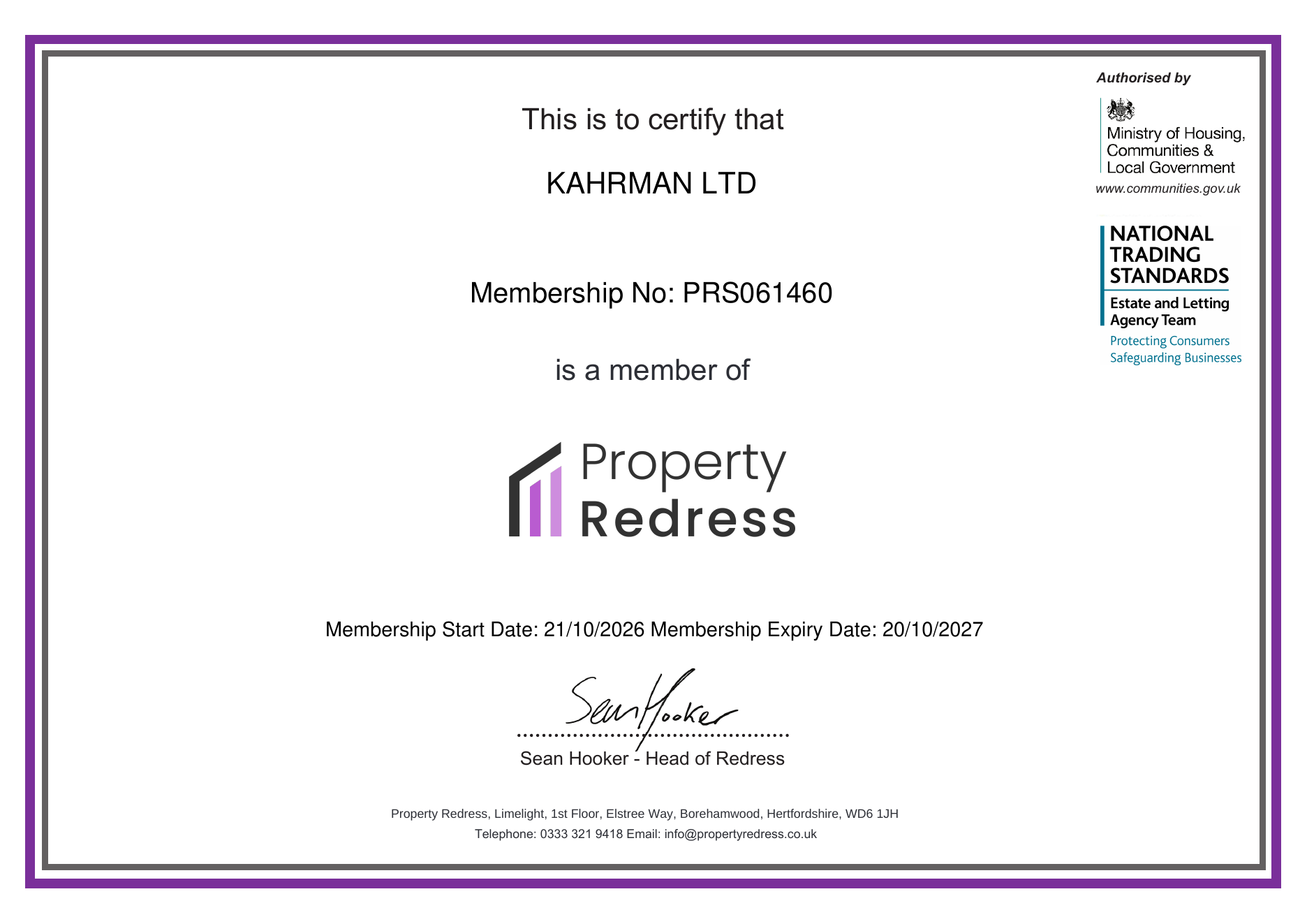 KAHRMAN LTD Property Redress Scheme membership certificate